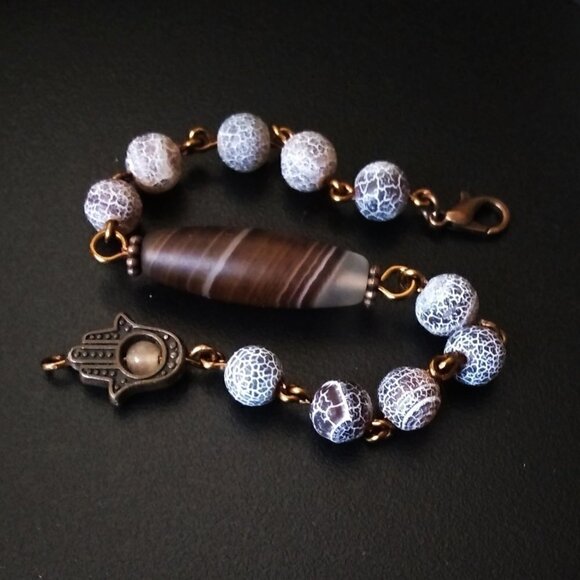 Earth Tones! Lovely Shades of Brown! Mixed Agate Bracelet + Copper + Hamsa Hand - Picture 3 of 10